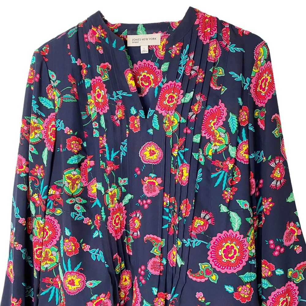 Jones New York Floral Smocked Boho Long Sleeve Blouse Tunic Large - Picture 2 of 7